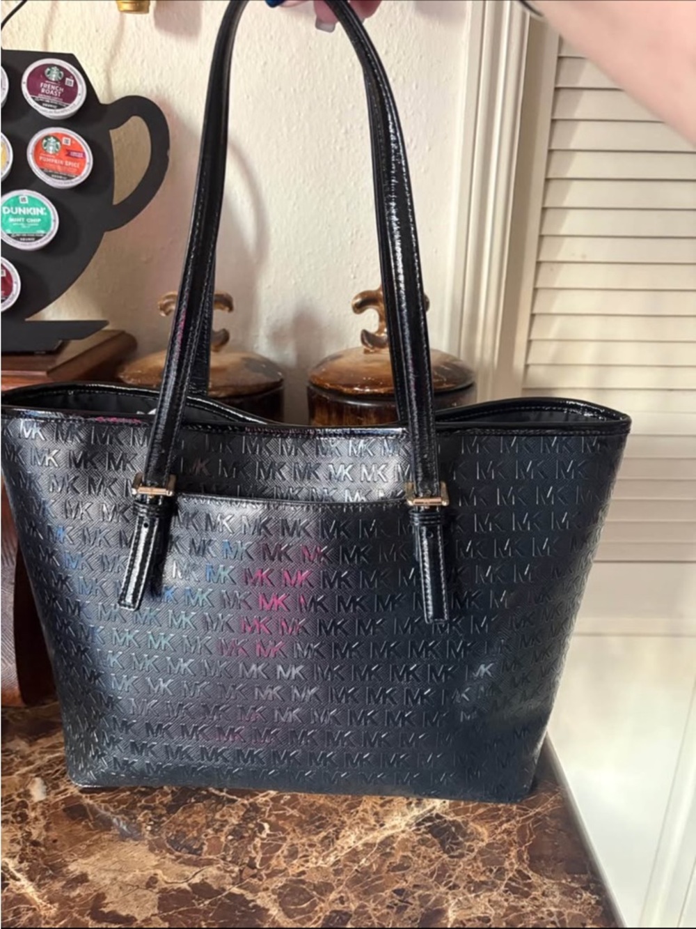 Michael Kors Black Patent Signature Tote with Subtle Iridescent MK Print